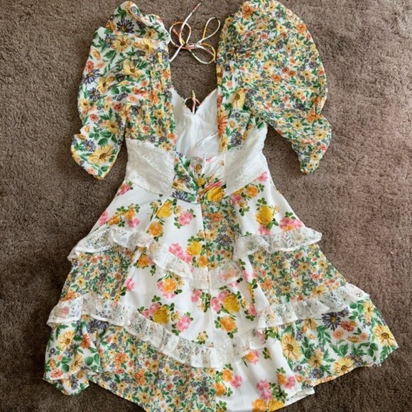 For Love and Lemons Rosalyn Floral Ruffle Mini Dress in Green XXS Cottagecore - Picture 9 of 13